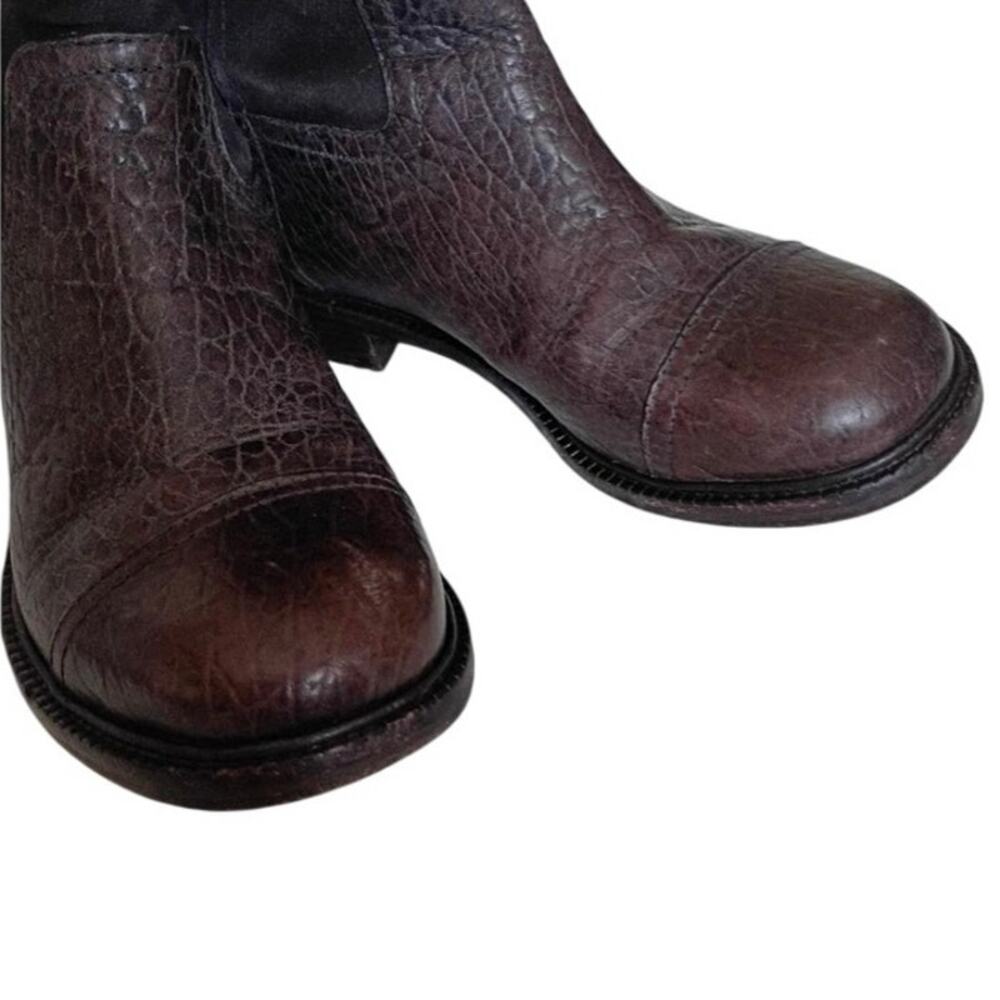 Tory Burch "Corey" mid-calf boots brown suede and croc-embossed textured leather - Picture 2 of 7